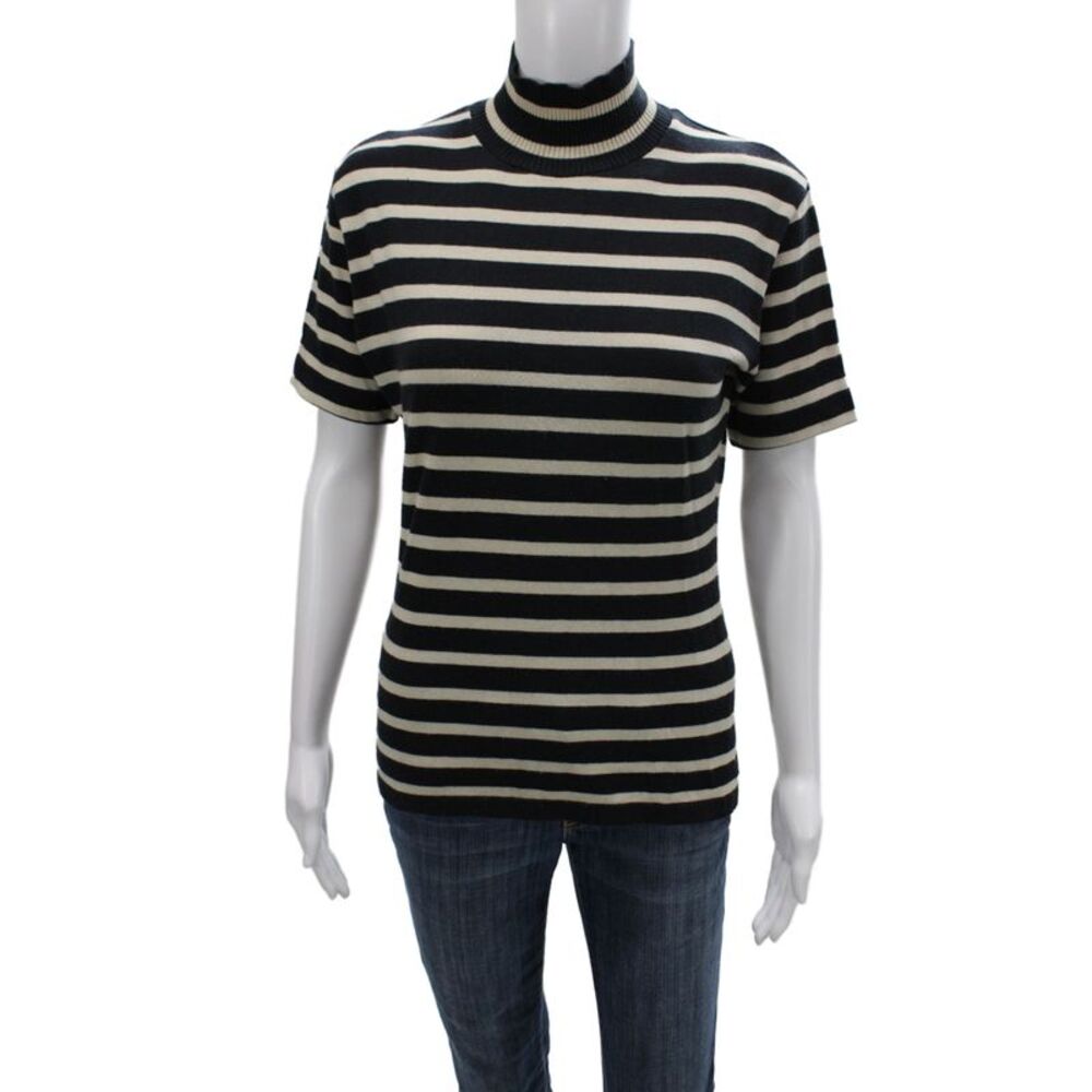 Rene Lezard Unisex Black Striped Mock Neck Basic T-Shirt Short Sleeve Size 4